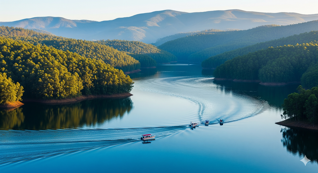 Pykara Lake Ooty — shola forest-fringed reservoir on the Ooty–Mysore Road with boat house and the Nilgiris hills in the background, 21km from Ooty town