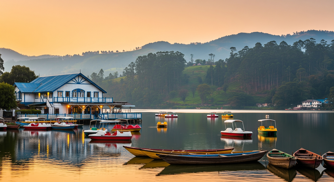 Ooty Lake Boat House — pedal boats on the calm waters at 2,240 metres in the Nilgiris, with eucalyptus hills reflected in the lake