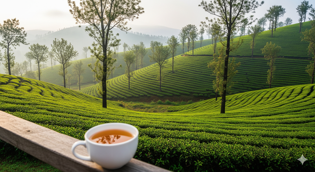 Darmona Tea Estate Kotagiri Nilgiris — tea garden rows at 1,950 metres with the Blue Mountains in the background, OotyMade single-origin black tea