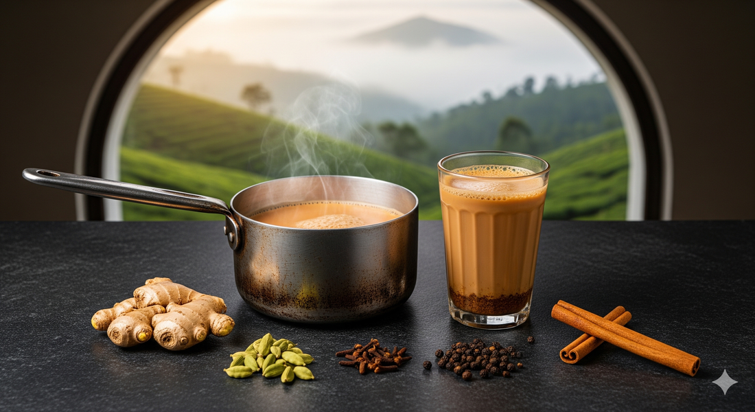 Homewood Estate masala chai — steaming cup of spiced Nilgiris black tea with cardamom, ginger and cinnamon, OotyMade single-estate blend
