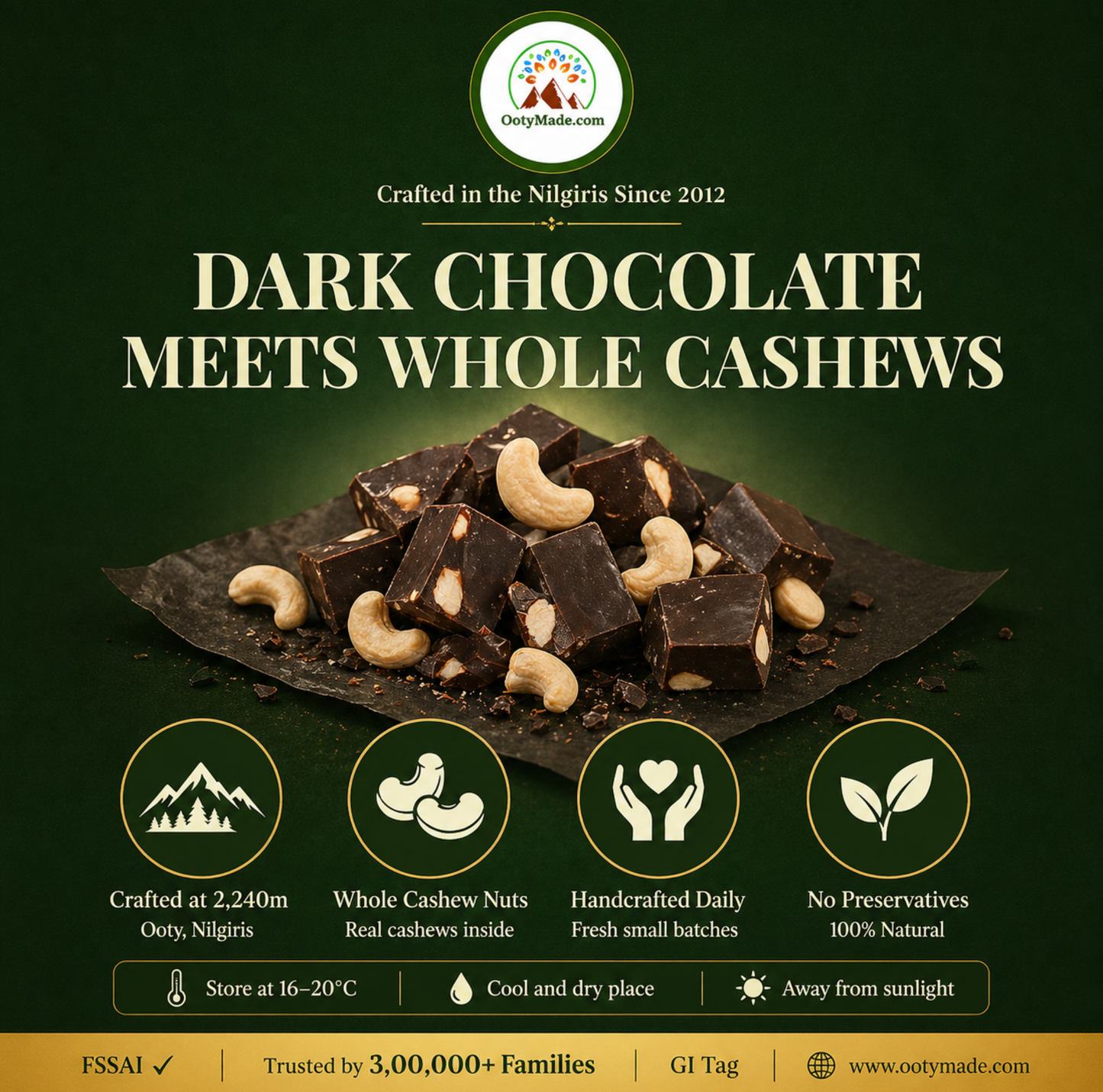 ooty dark cashew chocolate closeup roasted cashews ootymade