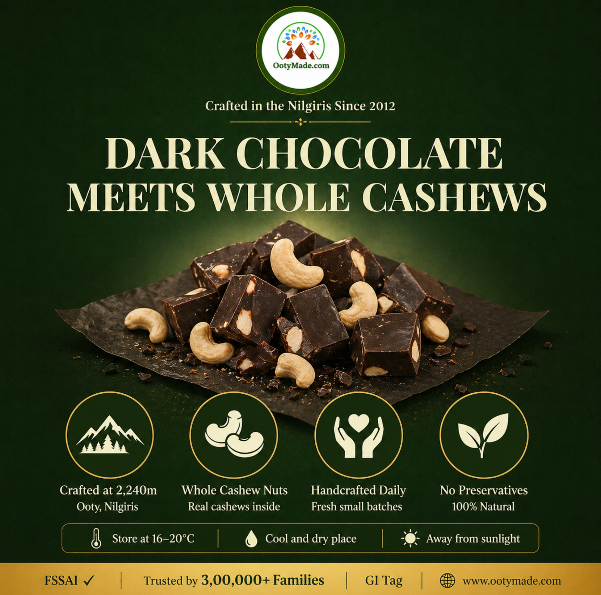 ooty dark cashew chocolate closeup roasted cashews ootymade