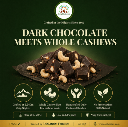 ooty dark cashew chocolate closeup roasted cashews ootymade