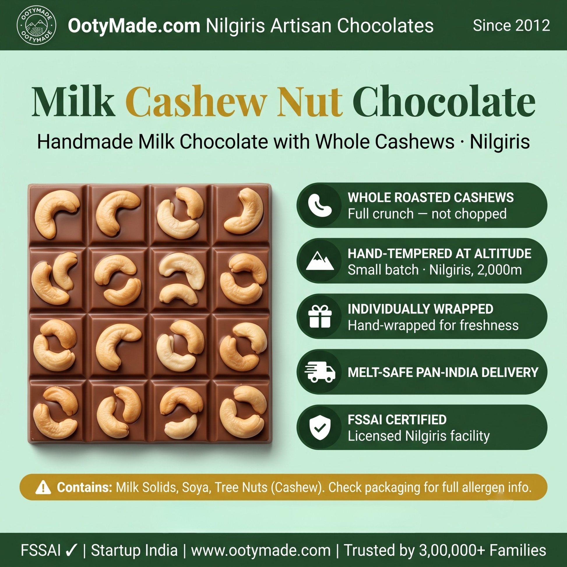 ooty milk cashew chocolate closeup roasted cashews ootymade
