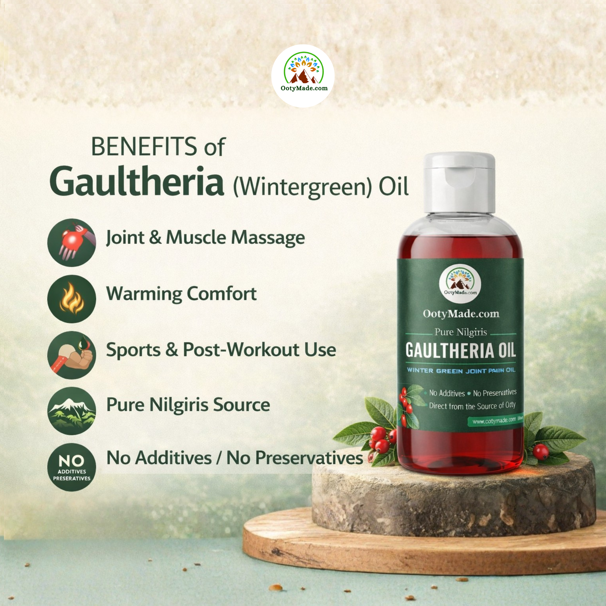 OotyMade Pure Nilgiris Gaultheria Oil (Wintergreen Oil) – Natural Joint & Muscle Massage Oil | 100% Pure | External Use Only OotyMade.com