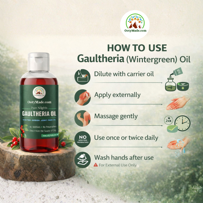 OotyMade Pure Nilgiris Gaultheria Oil (Wintergreen Oil) – Natural Joint & Muscle Massage Oil | 100% Pure | External Use Only OotyMade.com