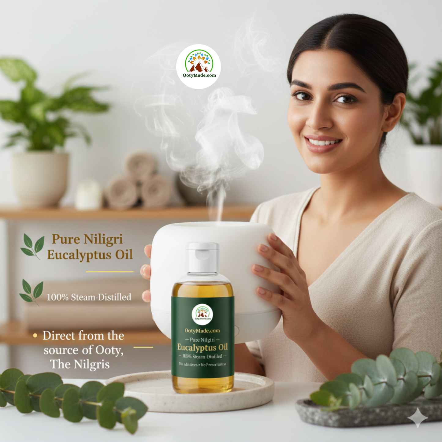 OotyMade.com Pure Nilgiri Eucalyptus Oil – Steam-Distilled Nilagiri Thailam for Cold, Cough, Hair, Diffuser, Room Freshener & Spa Use OotyMade.com
