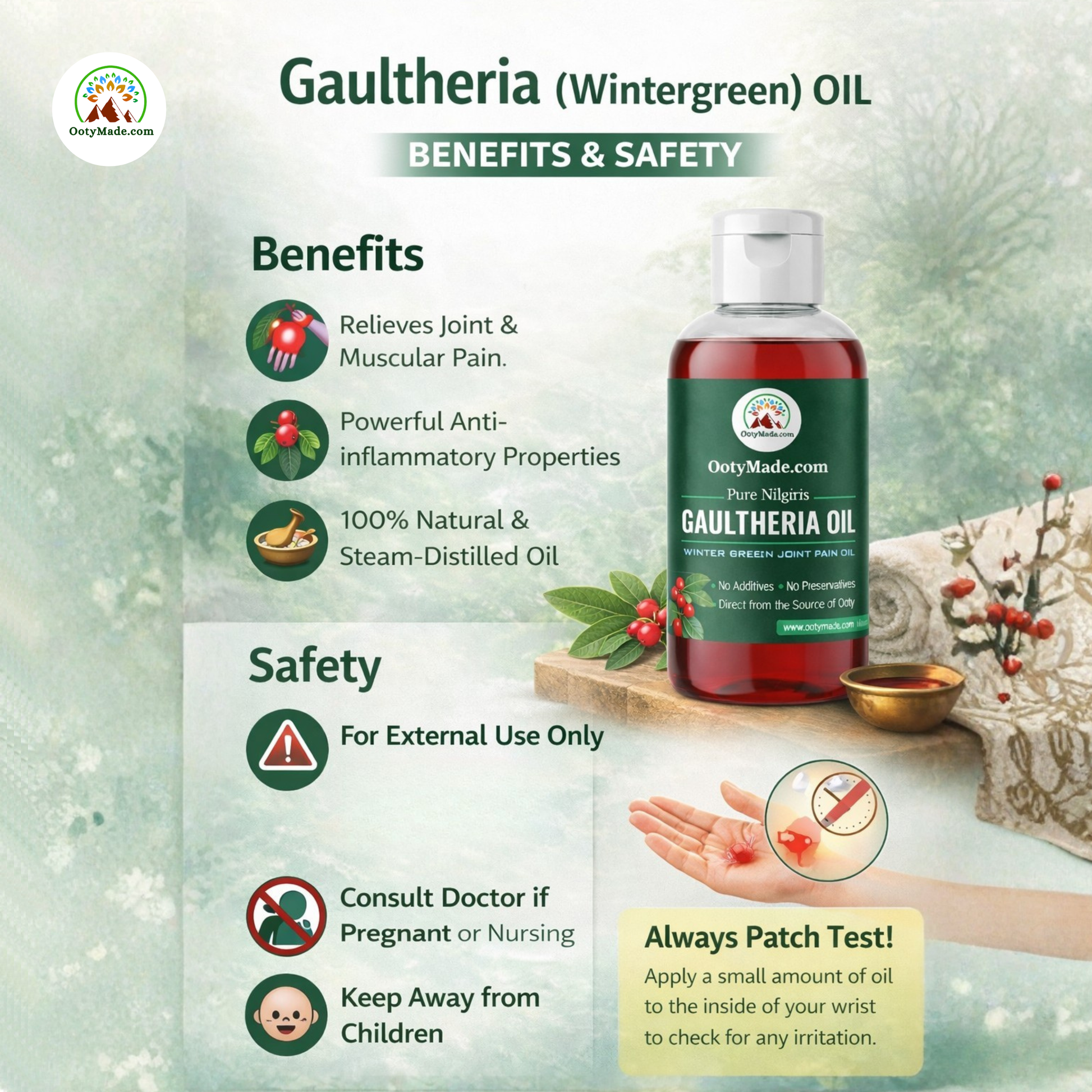 OotyMade Pure Nilgiris Gaultheria Oil (Wintergreen Oil) – Natural Joint & Muscle Massage Oil | 100% Pure | External Use Only OotyMade.com