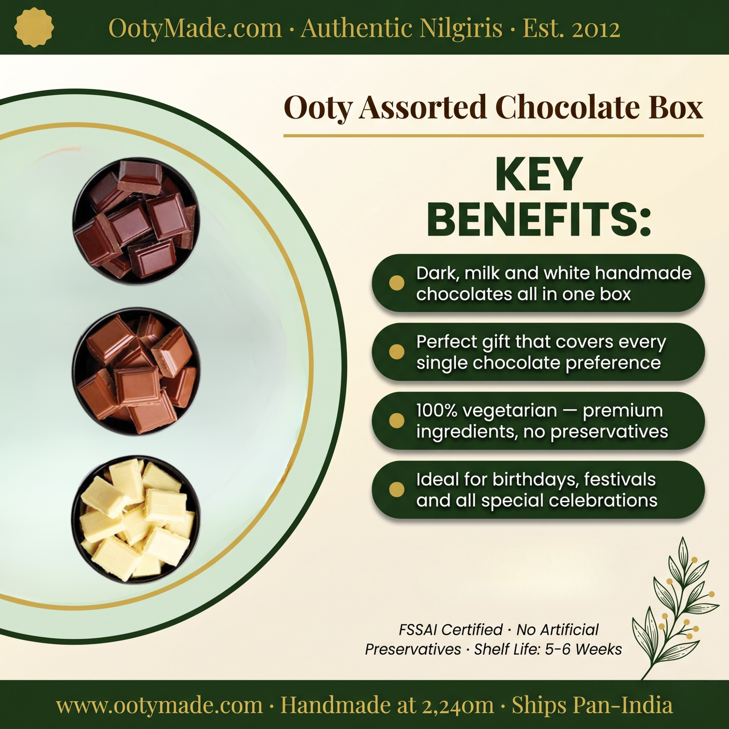 Ooty Assorted Chocolate Box — Dark, Milk & White | Handmade Nilgiris | OotyMade