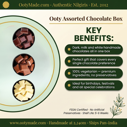 Ooty Assorted Chocolate Box — Dark, Milk & White | Handmade Nilgiris | OotyMade