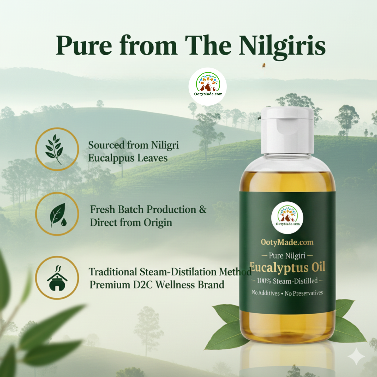 OotyMade.com Pure Nilgiri Eucalyptus Oil – Steam-Distilled Nilagiri Thailam for Cold, Cough, Hair, Diffuser, Room Freshener & Spa Use OotyMade.com