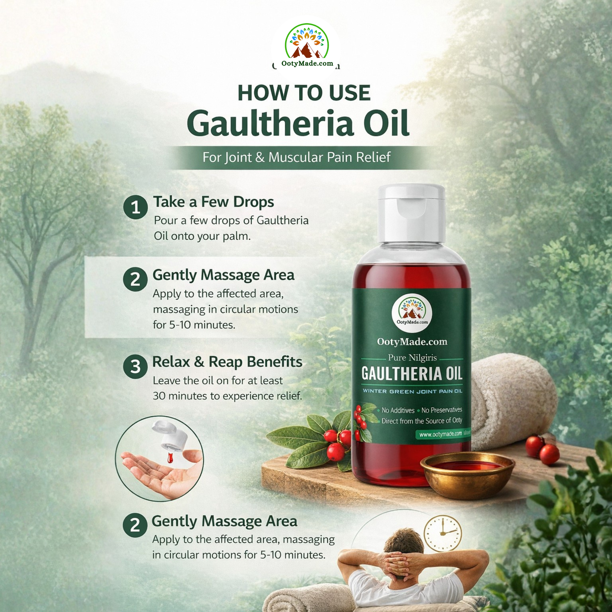 OotyMade Pure Nilgiris Gaultheria Oil (Wintergreen Oil) – Natural Joint & Muscle Massage Oil | 100% Pure | External Use Only OotyMade.com
