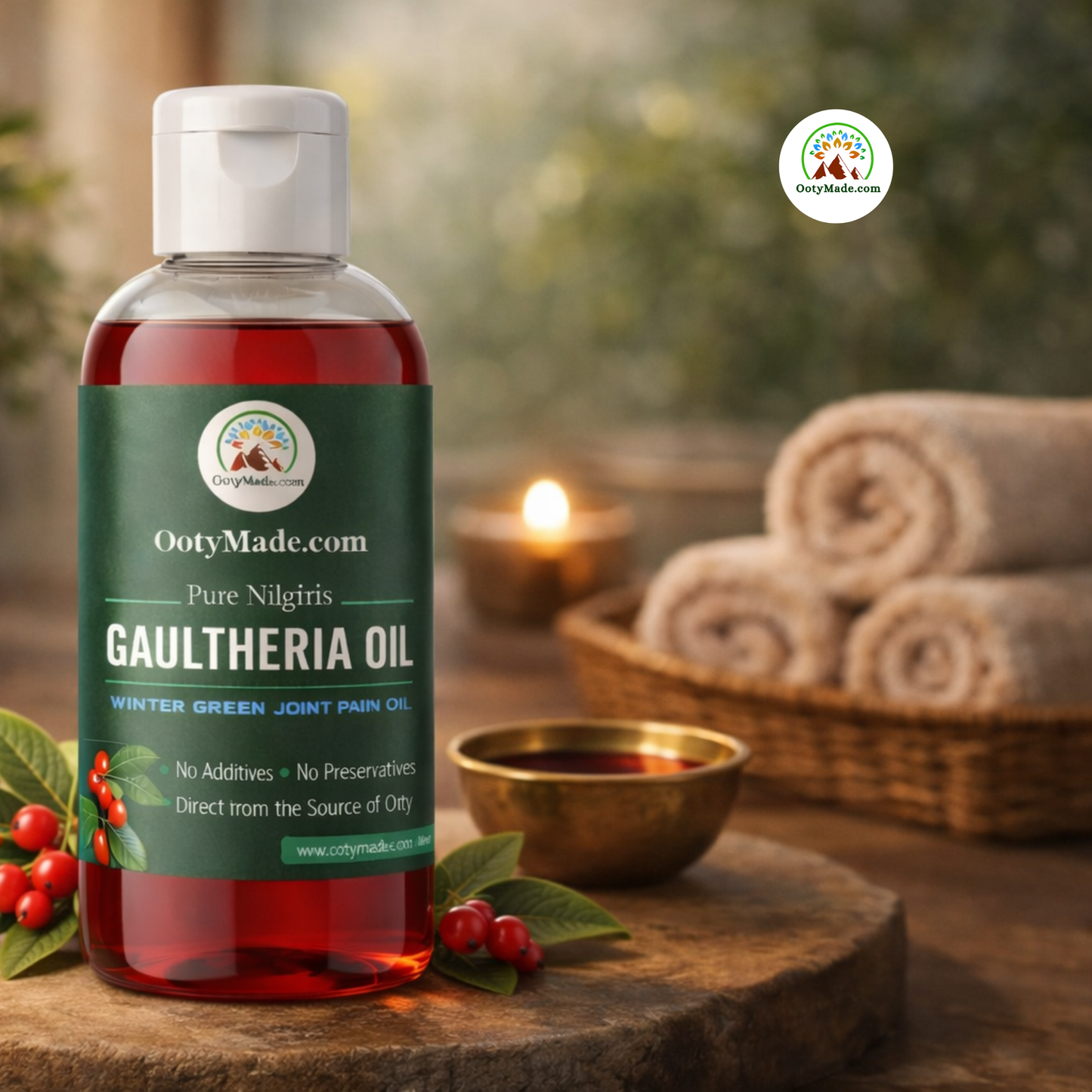 OotyMade Pure Nilgiris Gaultheria Oil (Wintergreen Oil) – Natural Joint & Muscle Massage Oil | 100% Pure | External Use Only OotyMade.com