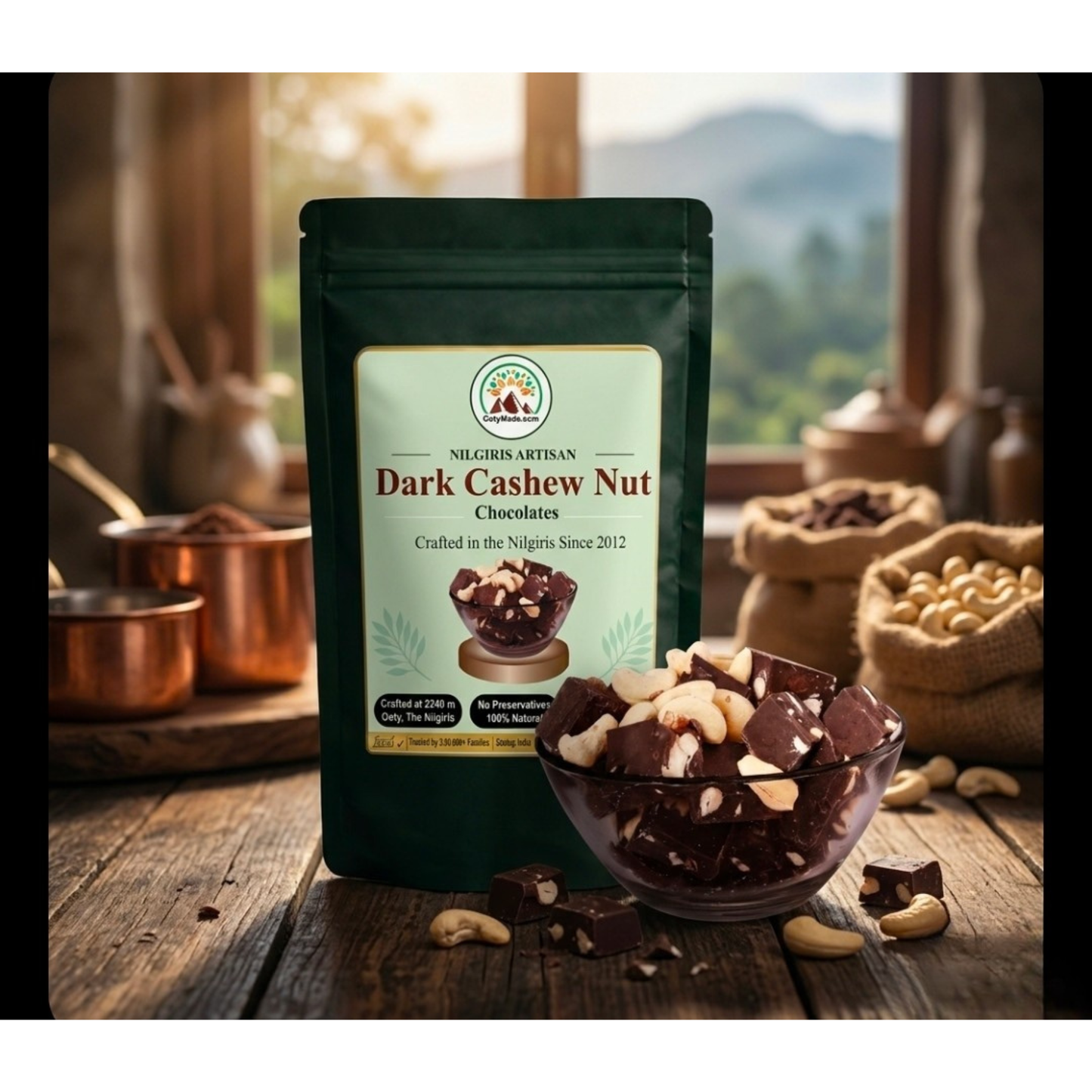 ooty dark cashew chocolate bar sugarless handmade nilgiris front view ootymade