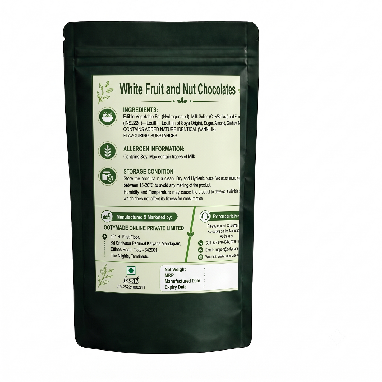 ooty no added sugar dark chocolate pack back view nilgiris ootymade